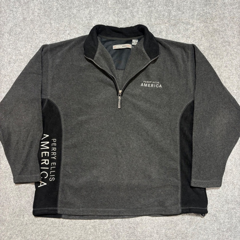 Perry Ellis America Active Mens Large Gray Black Fleece Quarter Zip Pullover